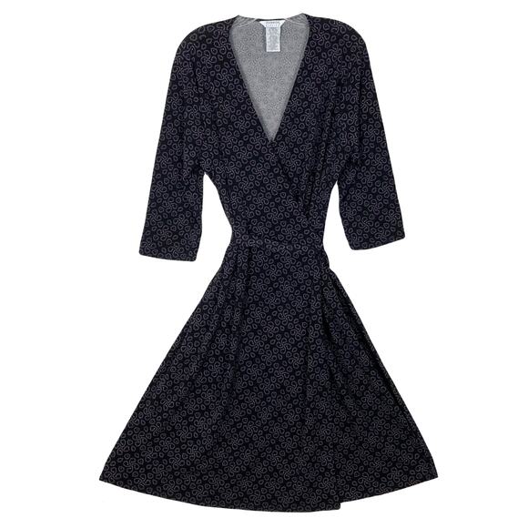 NWOT GEORGE Dress XL Black Purple Stretch Wrap 3/4 Sleeve Knee Geo-Pattern - Picture 1 of 9